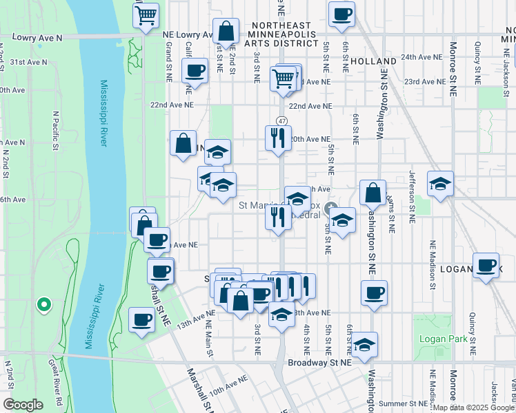 map of restaurants, bars, coffee shops, grocery stores, and more near 1723 3rd Street Northeast in Minneapolis