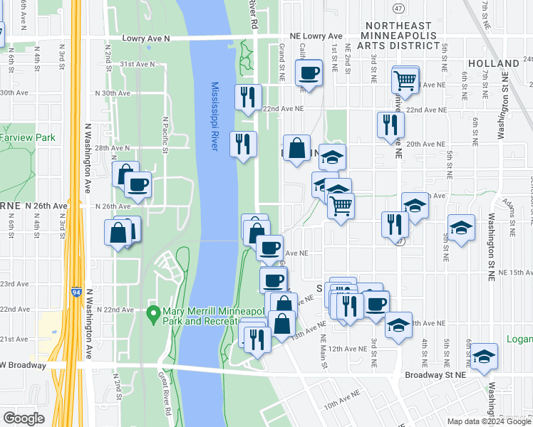 map of restaurants, bars, coffee shops, grocery stores, and more near 20 18th Avenue Northeast in Minneapolis