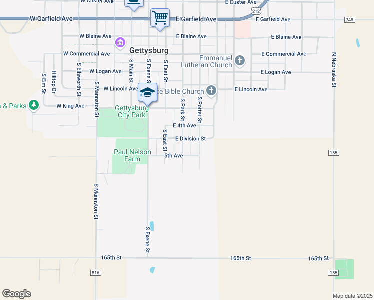 map of restaurants, bars, coffee shops, grocery stores, and more near 601-699 South Park Street in Gettysburg