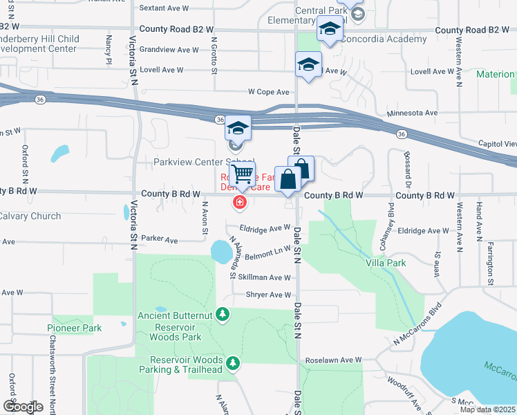 map of restaurants, bars, coffee shops, grocery stores, and more near 670 County B Road West in Saint Paul