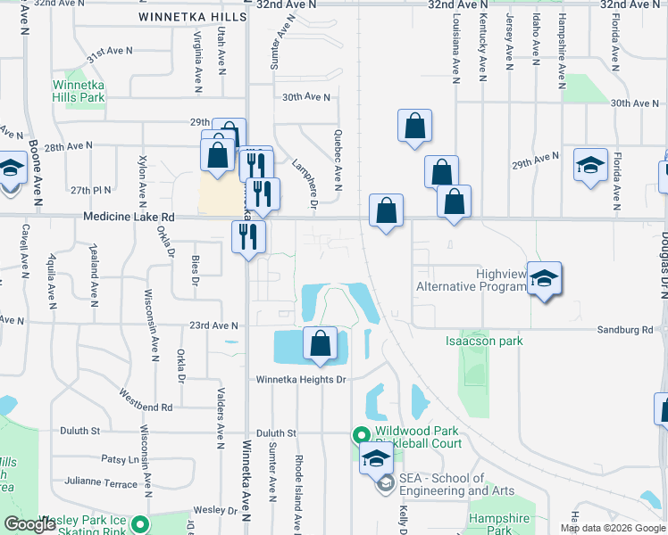 map of restaurants, bars, coffee shops, grocery stores, and more near 2400 Rhode Island Avenue North in Golden Valley