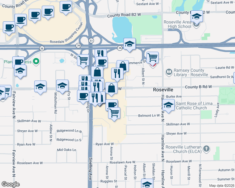 map of restaurants, bars, coffee shops, grocery stores, and more near 2100 East Snelling Drive in Roseville