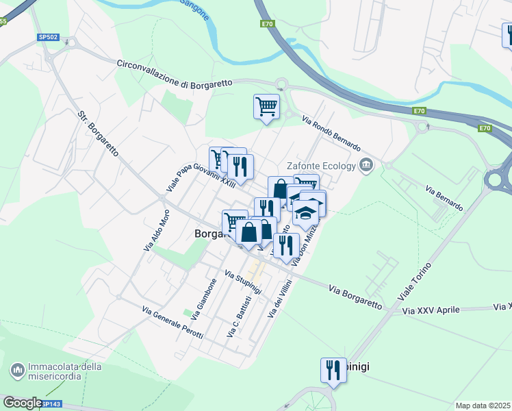 map of restaurants, bars, coffee shops, grocery stores, and more near 7 Viale Giovanni Xxiii Papa in Borgaretto