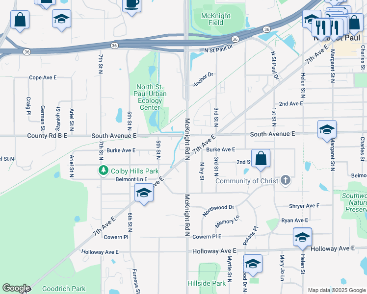 map of restaurants, bars, coffee shops, grocery stores, and more near 2238 County B in North Saint Paul