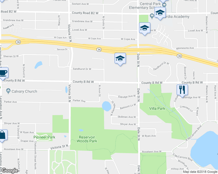 map of restaurants, bars, coffee shops, grocery stores, and more near 720 County B Road West in Roseville