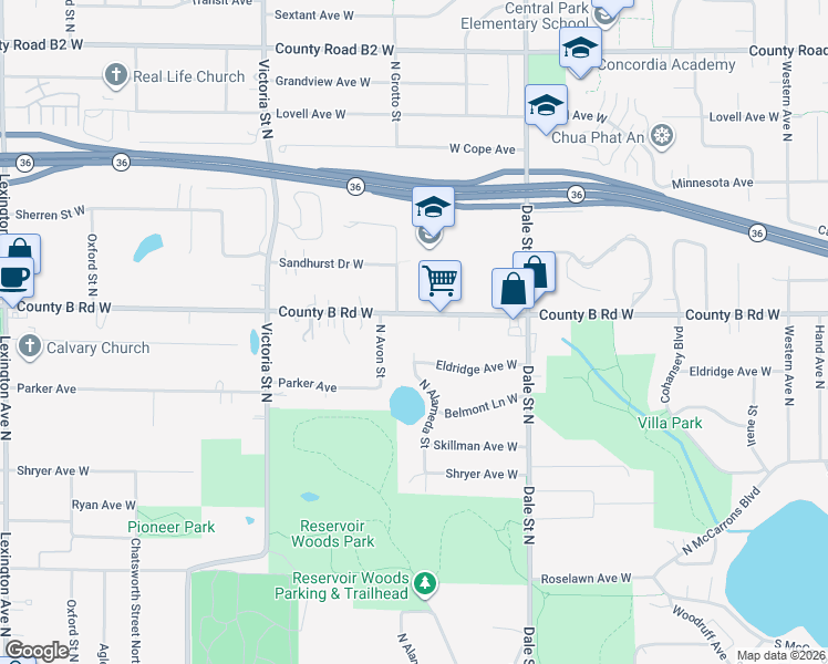 map of restaurants, bars, coffee shops, grocery stores, and more near 720 County B Road West in Roseville