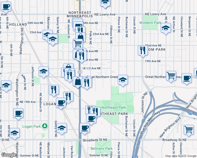 map of restaurants, bars, coffee shops, grocery stores, and more near 1019 18th Avenue Northeast in Minneapolis