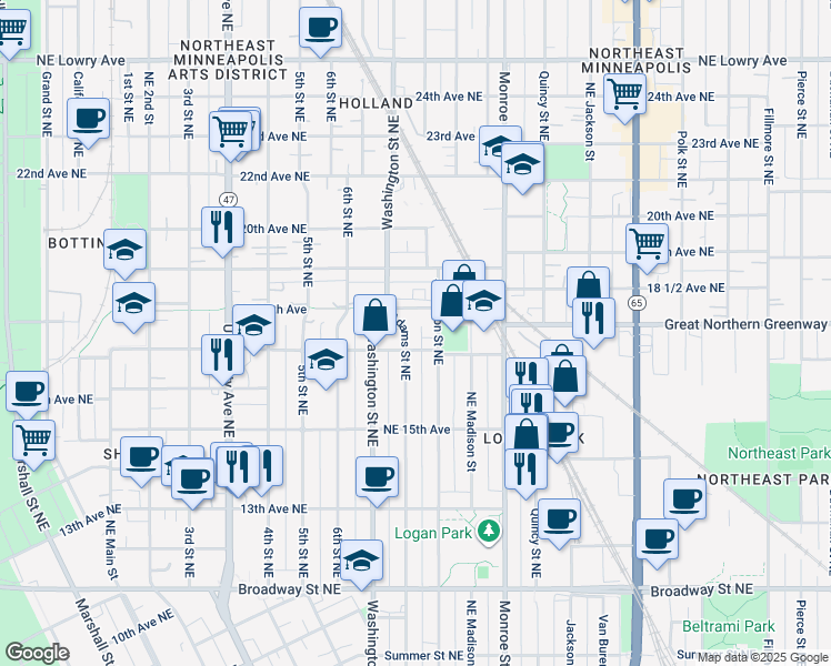 map of restaurants, bars, coffee shops, grocery stores, and more near 1737 Adams Street Northeast in Minneapolis