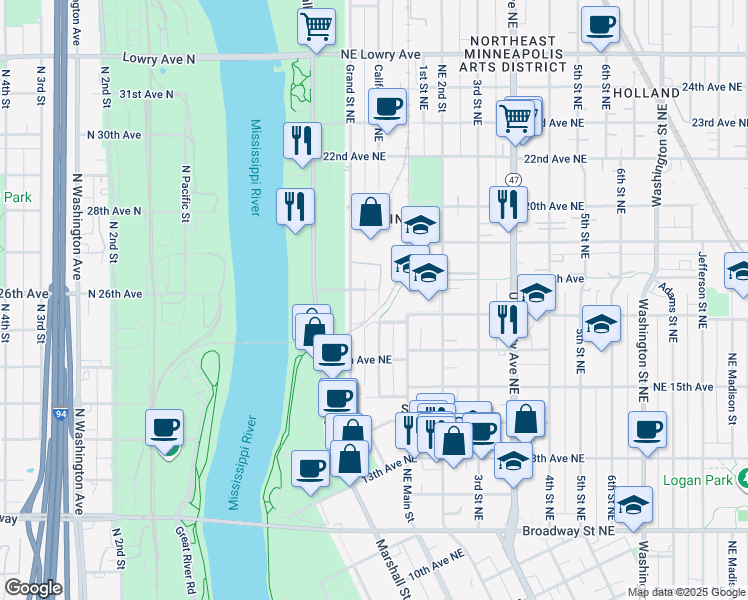 map of restaurants, bars, coffee shops, grocery stores, and more near 1705 California Street Northeast in Minneapolis