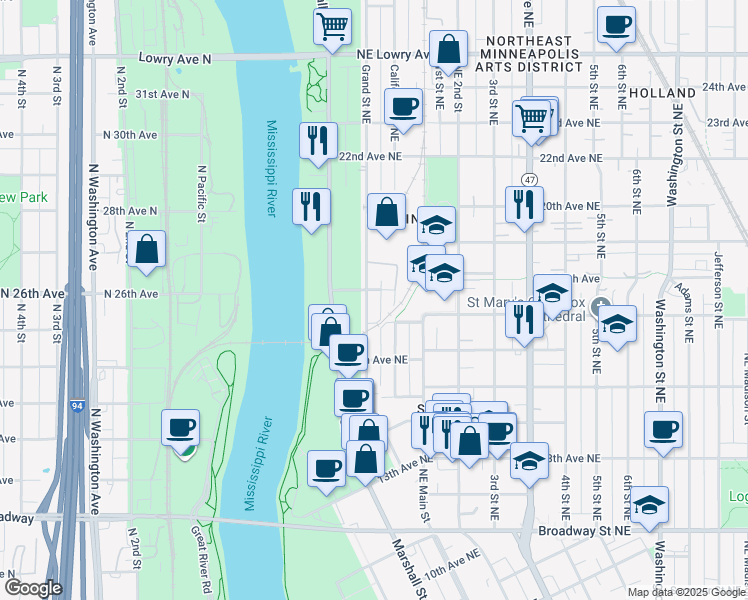 map of restaurants, bars, coffee shops, grocery stores, and more near 1723 Grand Street Northeast in Minneapolis