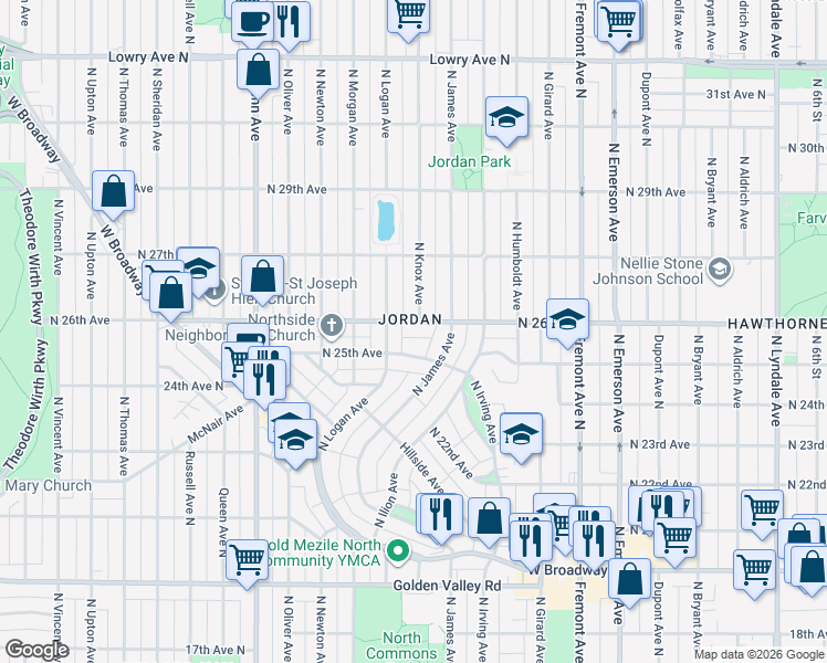 map of restaurants, bars, coffee shops, grocery stores, and more near 1712 North 26th Avenue in Minneapolis