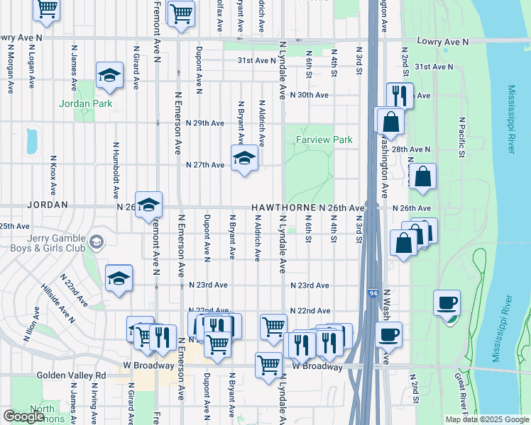 map of restaurants, bars, coffee shops, grocery stores, and more near 2524 North Aldrich Avenue in Minneapolis
