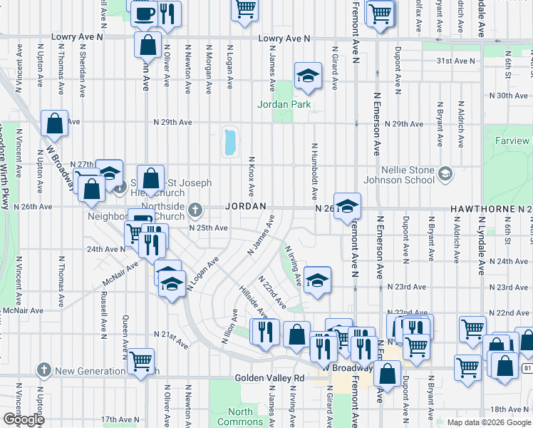 map of restaurants, bars, coffee shops, grocery stores, and more near 1712 North 26th Avenue in Minneapolis
