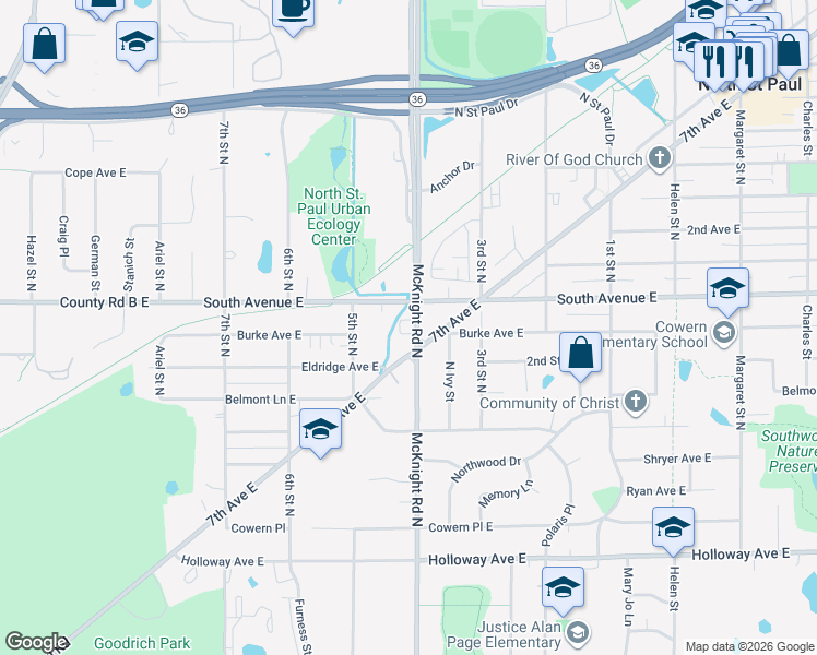 map of restaurants, bars, coffee shops, grocery stores, and more near 2238 County B in North Saint Paul