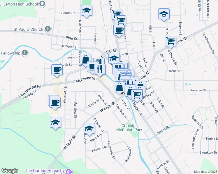 map of restaurants, bars, coffee shops, grocery stores, and more near 302 McClaine Street in Silverton