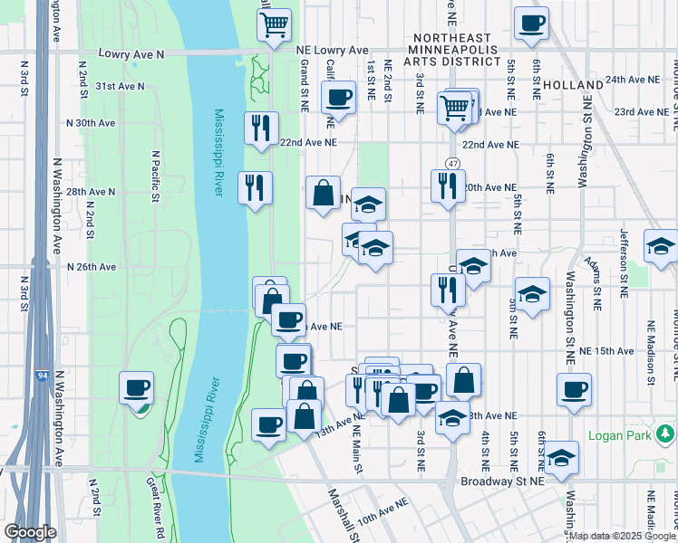 map of restaurants, bars, coffee shops, grocery stores, and more near 1705 California Street Northeast in Minneapolis