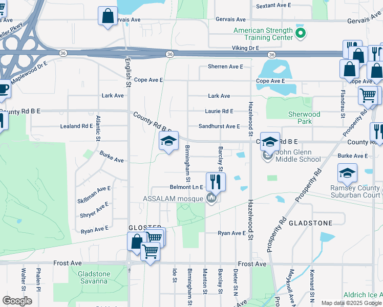map of restaurants, bars, coffee shops, grocery stores, and more near 1425 Burke Avenue East in Maplewood
