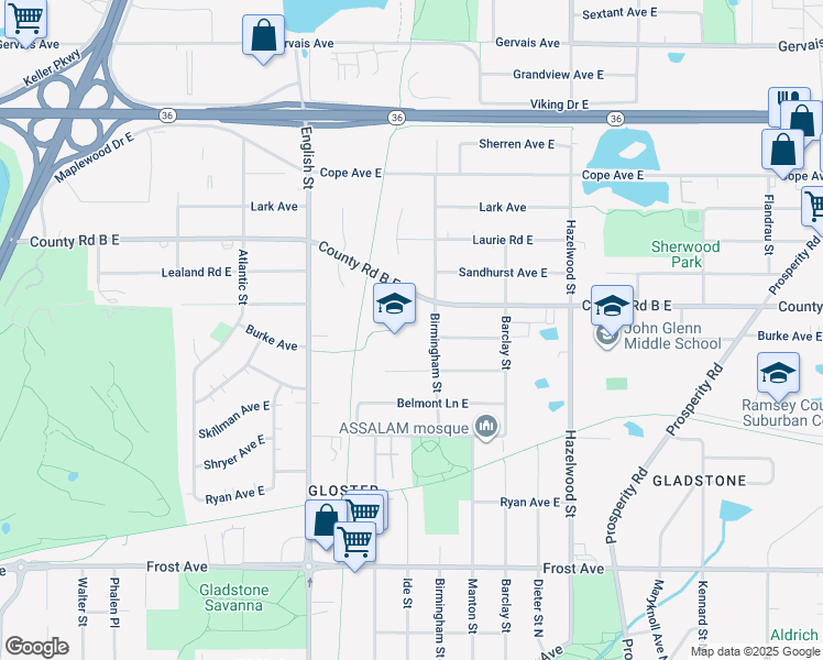 map of restaurants, bars, coffee shops, grocery stores, and more near 2135 Birmingham Street in Maplewood