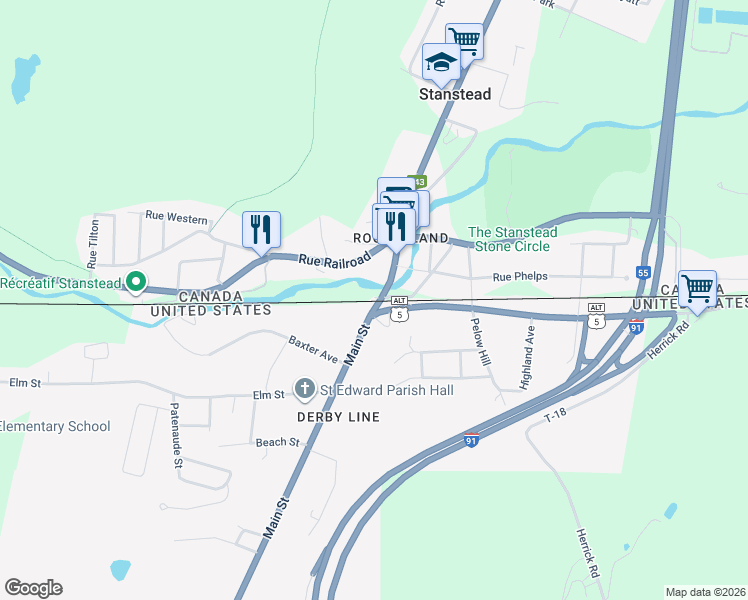 map of restaurants, bars, coffee shops, grocery stores, and more near 18 Main Street in Stanstead