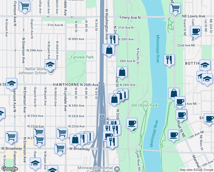 map of restaurants, bars, coffee shops, grocery stores, and more near North Washington Avenue in Minneapolis