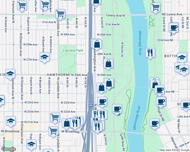 map of restaurants, bars, coffee shops, grocery stores, and more near North Washington Avenue in Minneapolis