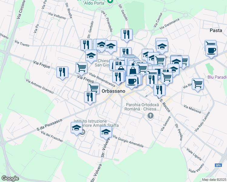map of restaurants, bars, coffee shops, grocery stores, and more near in Orbassano