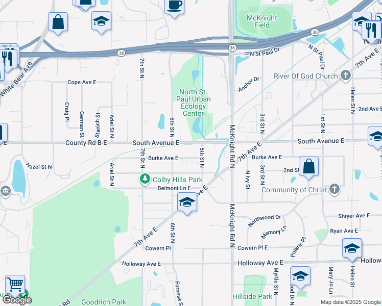 map of restaurants, bars, coffee shops, grocery stores, and more near 2177 Burke Avenue East in North Saint Paul
