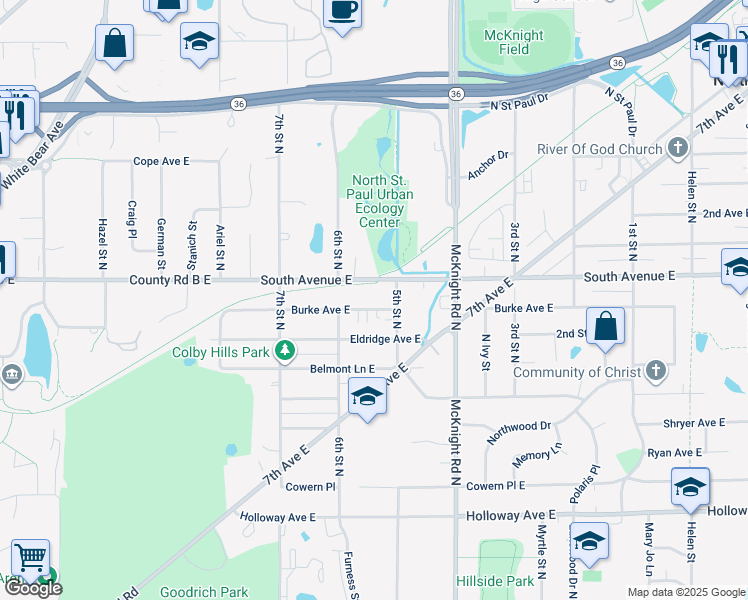 map of restaurants, bars, coffee shops, grocery stores, and more near 2177 Burke Avenue East in North Saint Paul