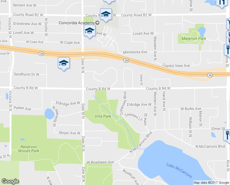 map of restaurants, bars, coffee shops, grocery stores, and more near 500 County B Road West in Roseville