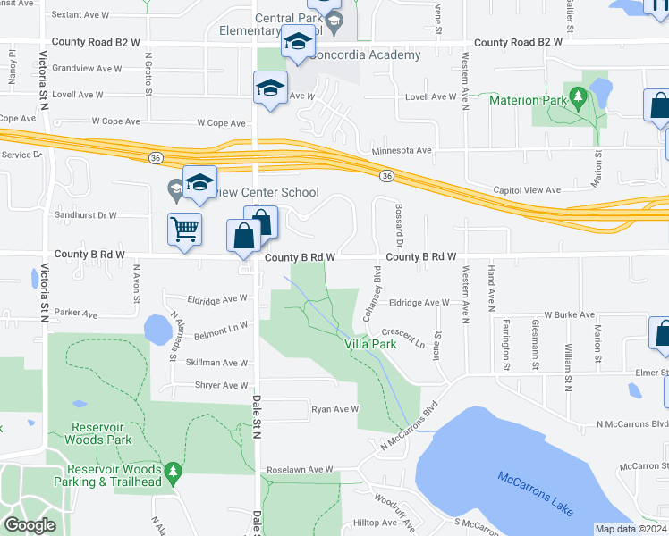 map of restaurants, bars, coffee shops, grocery stores, and more near 563 County B Road West in Roseville