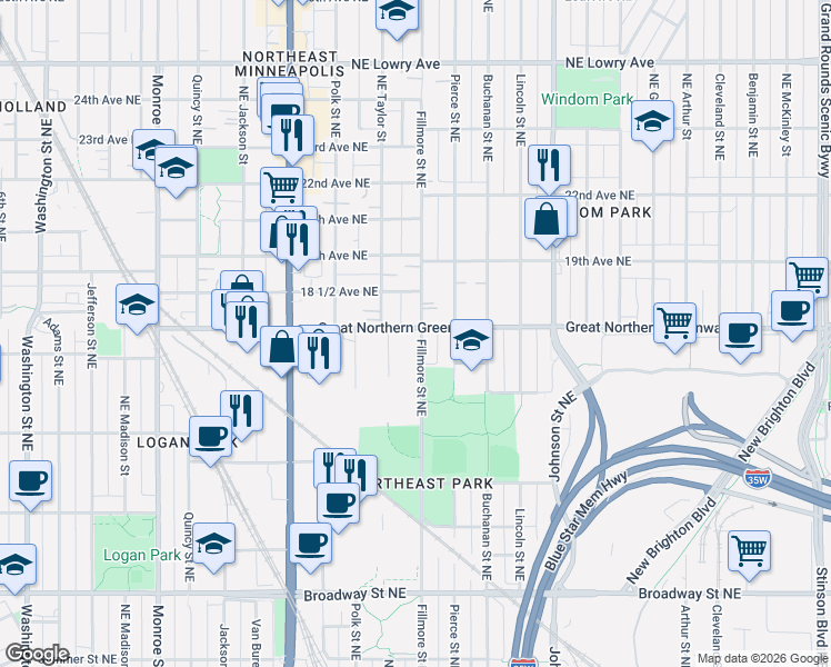 map of restaurants, bars, coffee shops, grocery stores, and more near 1115 18th Avenue Northeast in Minneapolis