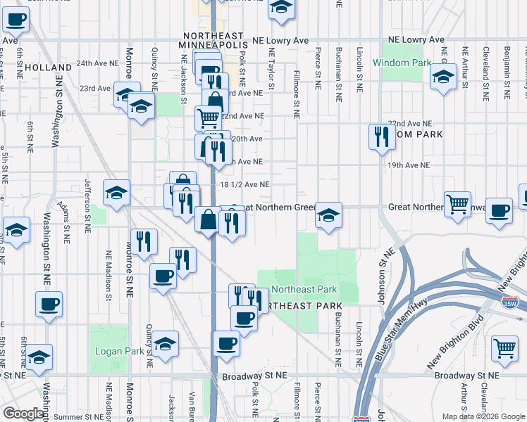 map of restaurants, bars, coffee shops, grocery stores, and more near 1019 18th Avenue Northeast in Minneapolis