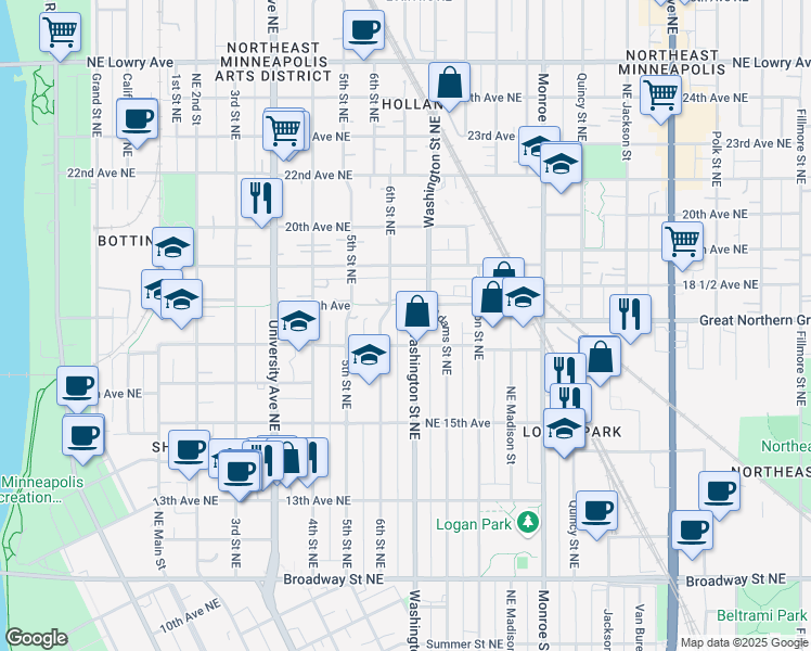 map of restaurants, bars, coffee shops, grocery stores, and more near 1720 Washington Street Northeast in Minneapolis