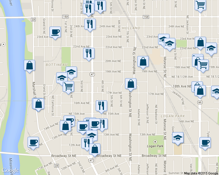 map of restaurants, bars, coffee shops, grocery stores, and more near 1723 4th Street Northeast in Minneapolis