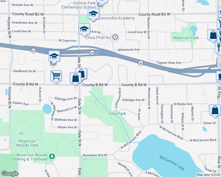 map of restaurants, bars, coffee shops, grocery stores, and more near 500 County B Road West in Roseville