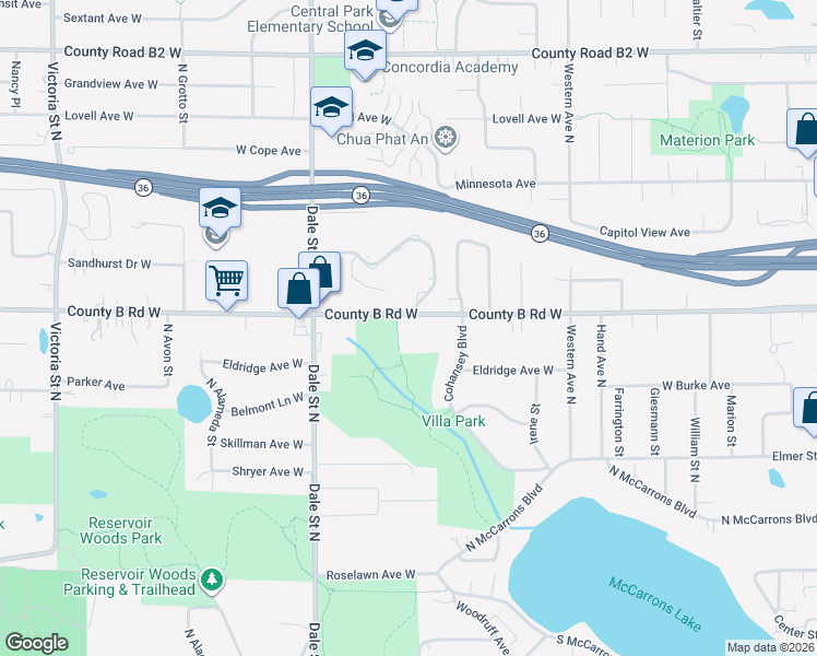 map of restaurants, bars, coffee shops, grocery stores, and more near 563 County B Road West in Roseville