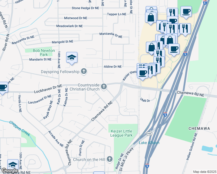 map of restaurants, bars, coffee shops, grocery stores, and more near 5780 McLeod Lane Northeast in Keizer