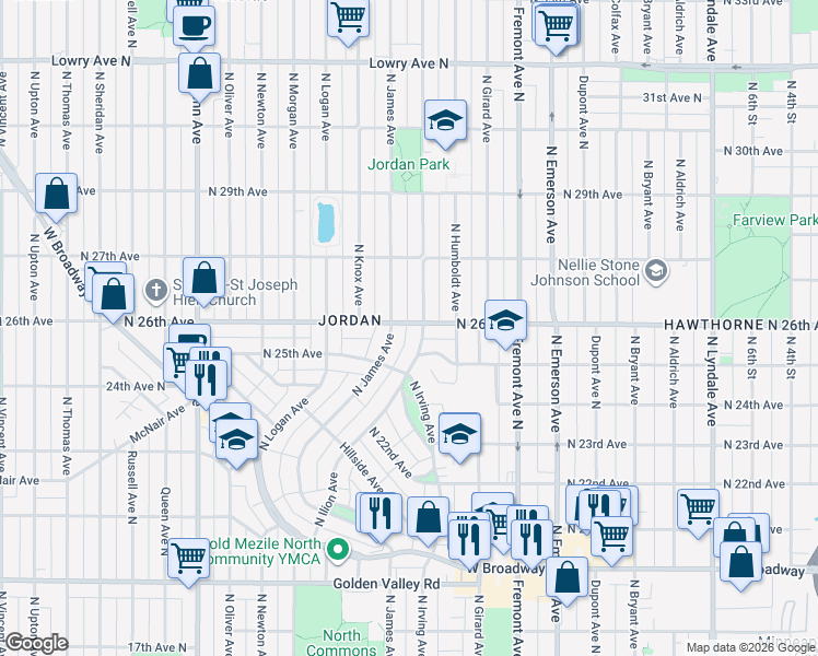 map of restaurants, bars, coffee shops, grocery stores, and more near 2539 North 26th Avenue in Minneapolis