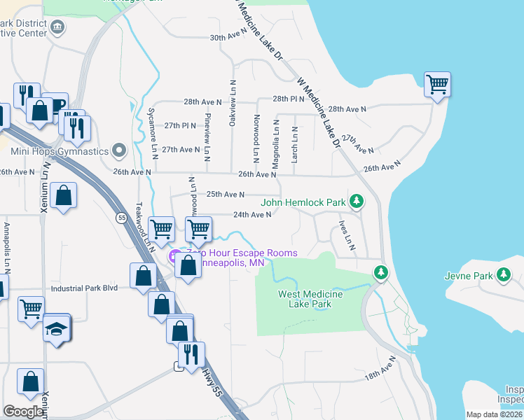 map of restaurants, bars, coffee shops, grocery stores, and more near 12410 24th Avenue North in Minneapolis