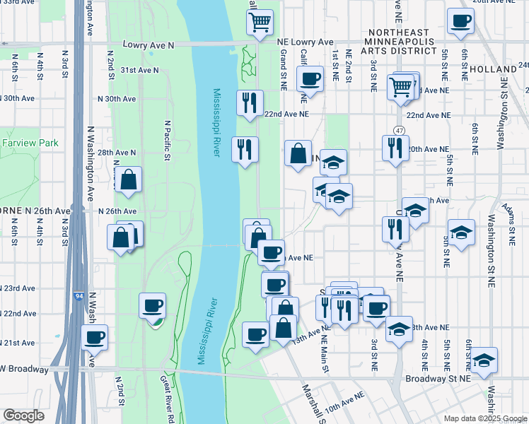 map of restaurants, bars, coffee shops, grocery stores, and more near 20 18th Avenue Northeast in Minneapolis