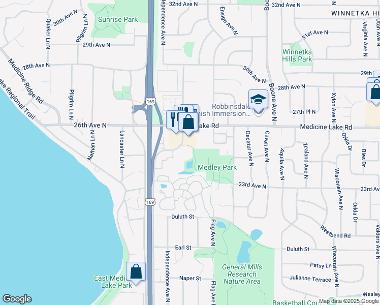 map of restaurants, bars, coffee shops, grocery stores, and more near 2450 Mendelssohn Lane in Golden Valley