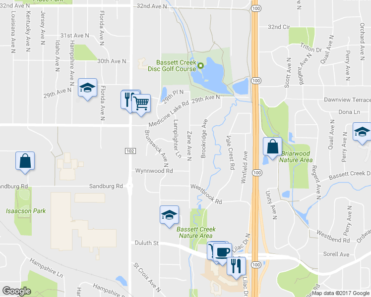 map of restaurants, bars, coffee shops, grocery stores, and more near 2455 Zane Avenue North in Minneapolis