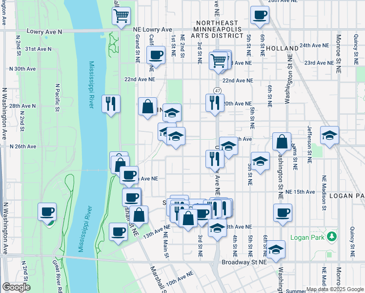 map of restaurants, bars, coffee shops, grocery stores, and more near 1717 Northeast 2nd Street in Minneapolis