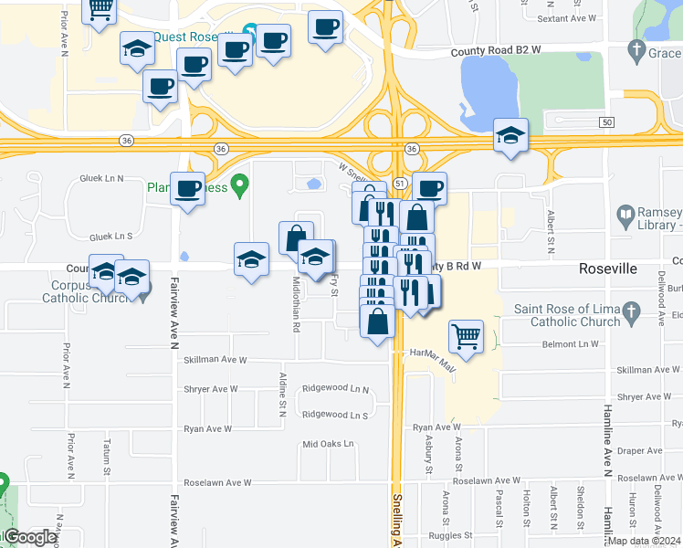map of restaurants, bars, coffee shops, grocery stores, and more near 1634 County Road B West in Roseville