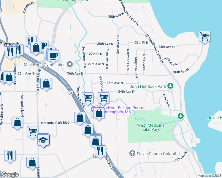 map of restaurants, bars, coffee shops, grocery stores, and more near 12620 24th Avenue North in Minneapolis