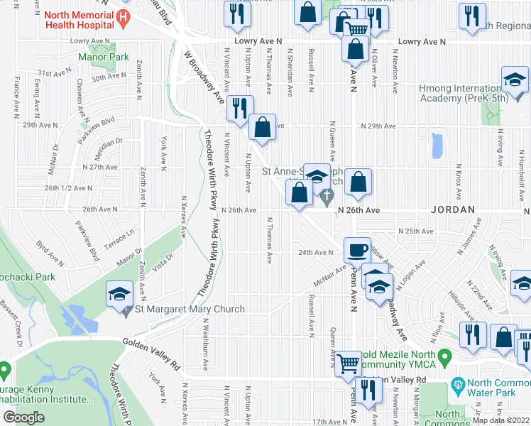 map of restaurants, bars, coffee shops, grocery stores, and more near 2531 North Thomas Avenue in Minneapolis