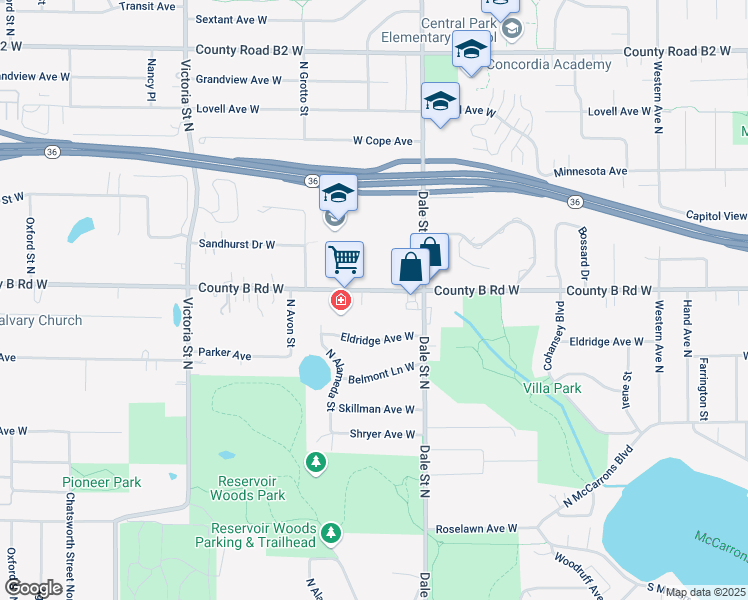 map of restaurants, bars, coffee shops, grocery stores, and more near 700 County B Road West in Roseville