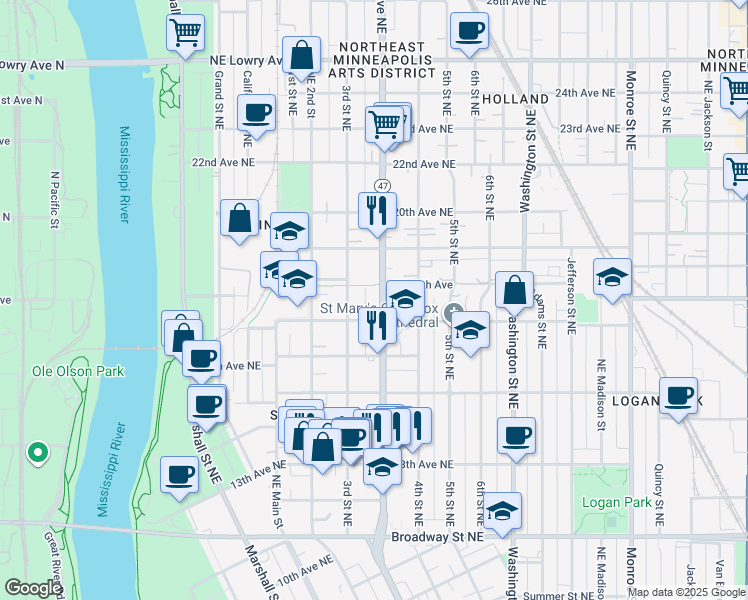 map of restaurants, bars, coffee shops, grocery stores, and more near 1723 3rd Street Northeast in Minneapolis