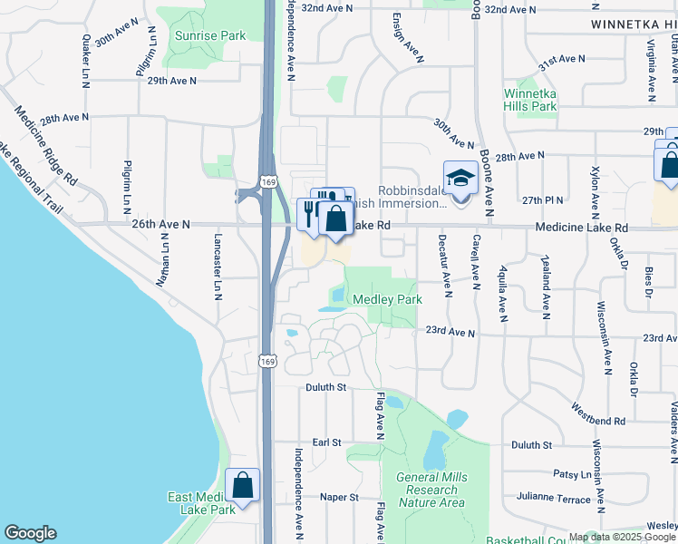 map of restaurants, bars, coffee shops, grocery stores, and more near 2450 Mendelssohn Lane in Golden Valley