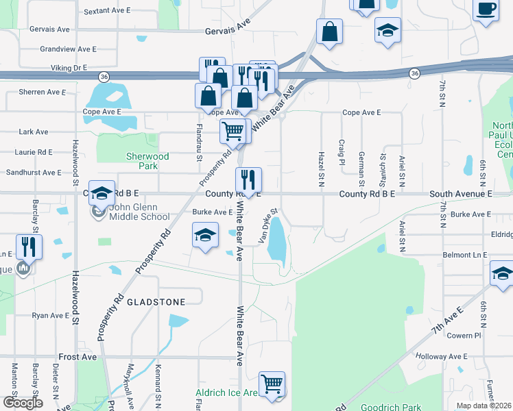 map of restaurants, bars, coffee shops, grocery stores, and more near 1800 Catbird Cir in Maplewood